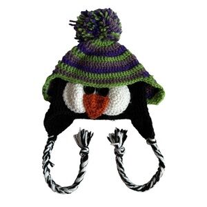 Handmade Knit Penguin Toque Toddler Sized Winter Hat Ear Flaps Pompom Cute! EUC